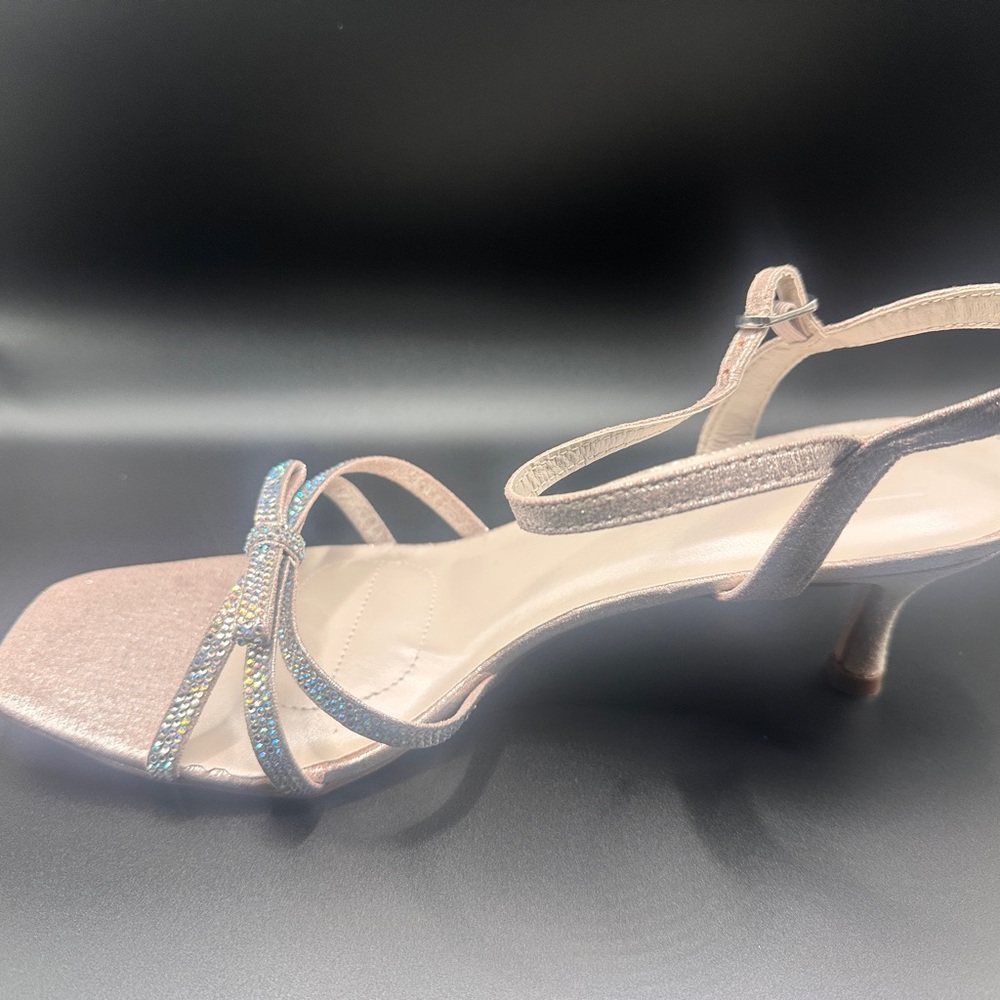 Rose Gold Strappy Rhinestone Kitten Heel Sandals
